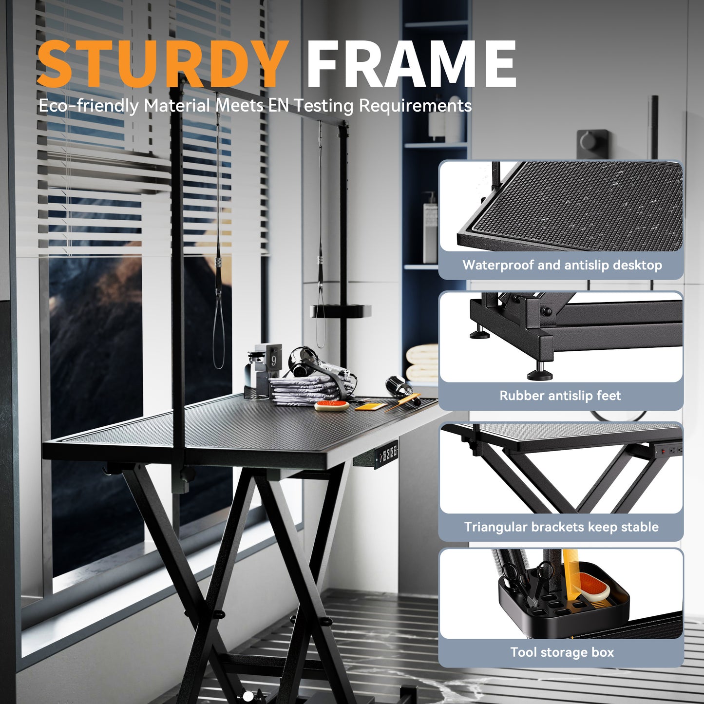 Wefulfil height adjustable pet grooming table black sturdy frame waterproof antislip desktop and storage