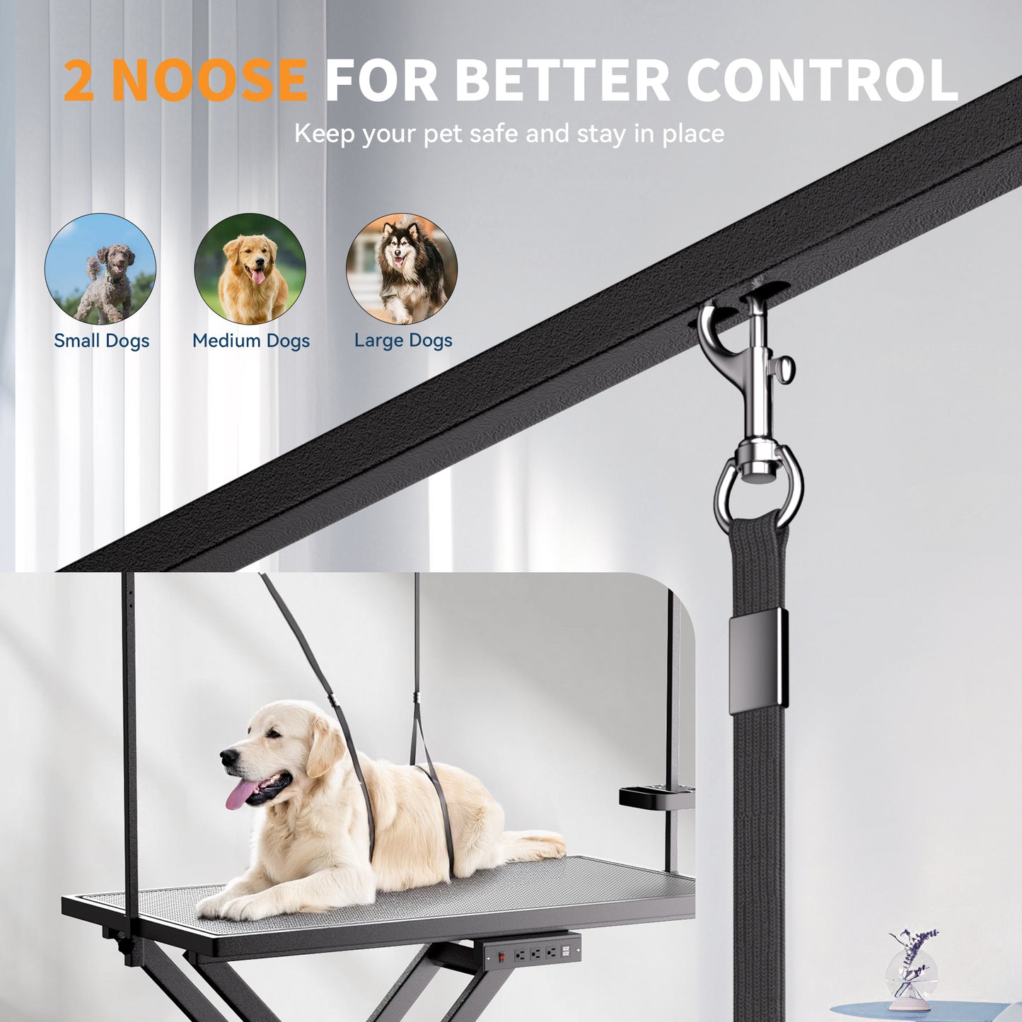 Wefulfil height adjustable pet grooming table with overhead arm and dual nooses securing a golden retriever on nonslip surface