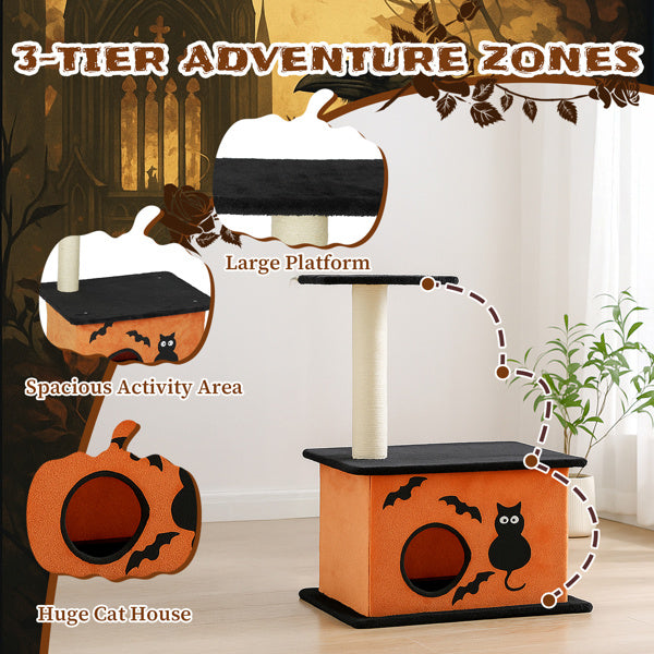 Wefulfil Halloween Cat Tree with 3-tier adventure zones including large platform, spacious activity area, and huge cat house