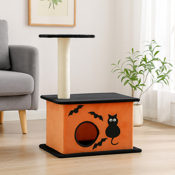 Wefulfil Halloween Cat Tree in orange and black with bat and cat designs for pet supplies