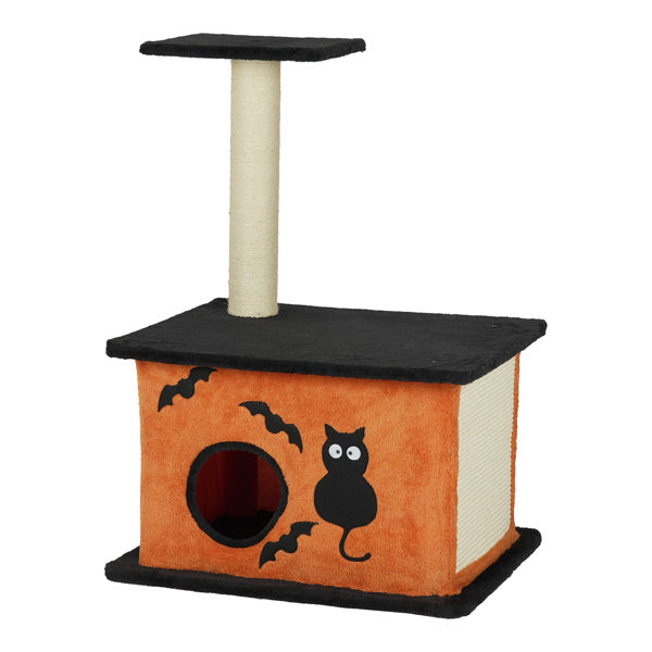 Wefulfil Halloween Cat Tree in orange and black with cat and bat designs and a scratching post