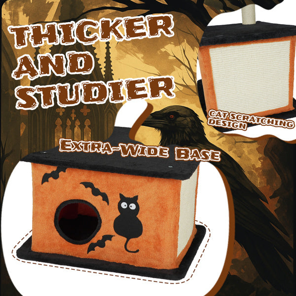 Wefulfil Halloween Cat Tree with a thick, sturdy design and cat scratching surface in orange and black