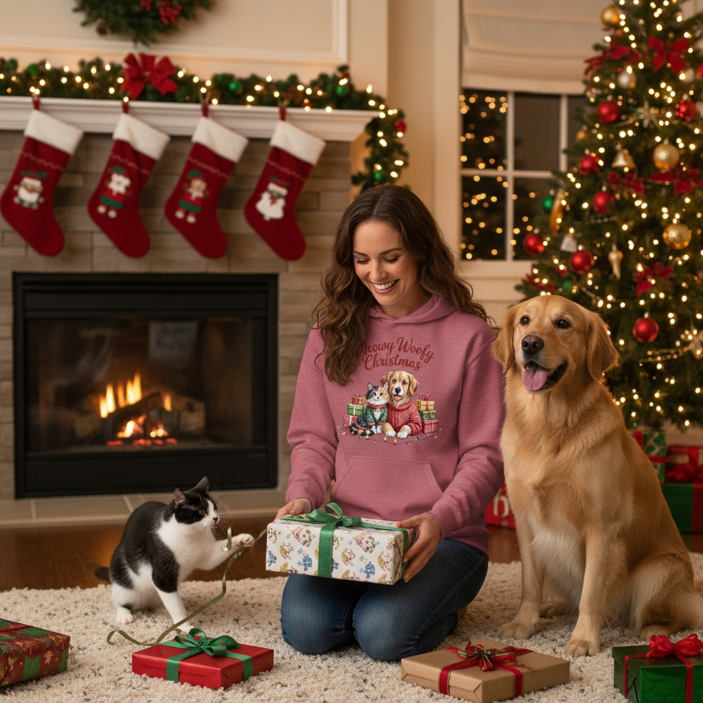 Heather Sport Scarlet Red Meowy Woofmas Hoodie Lifestyle