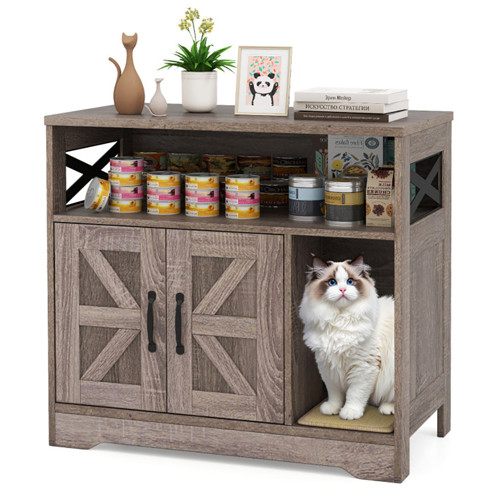 Wefulfil Hidden Cat Litter Box with wooden storage cabinet and a white fluffy cat inside