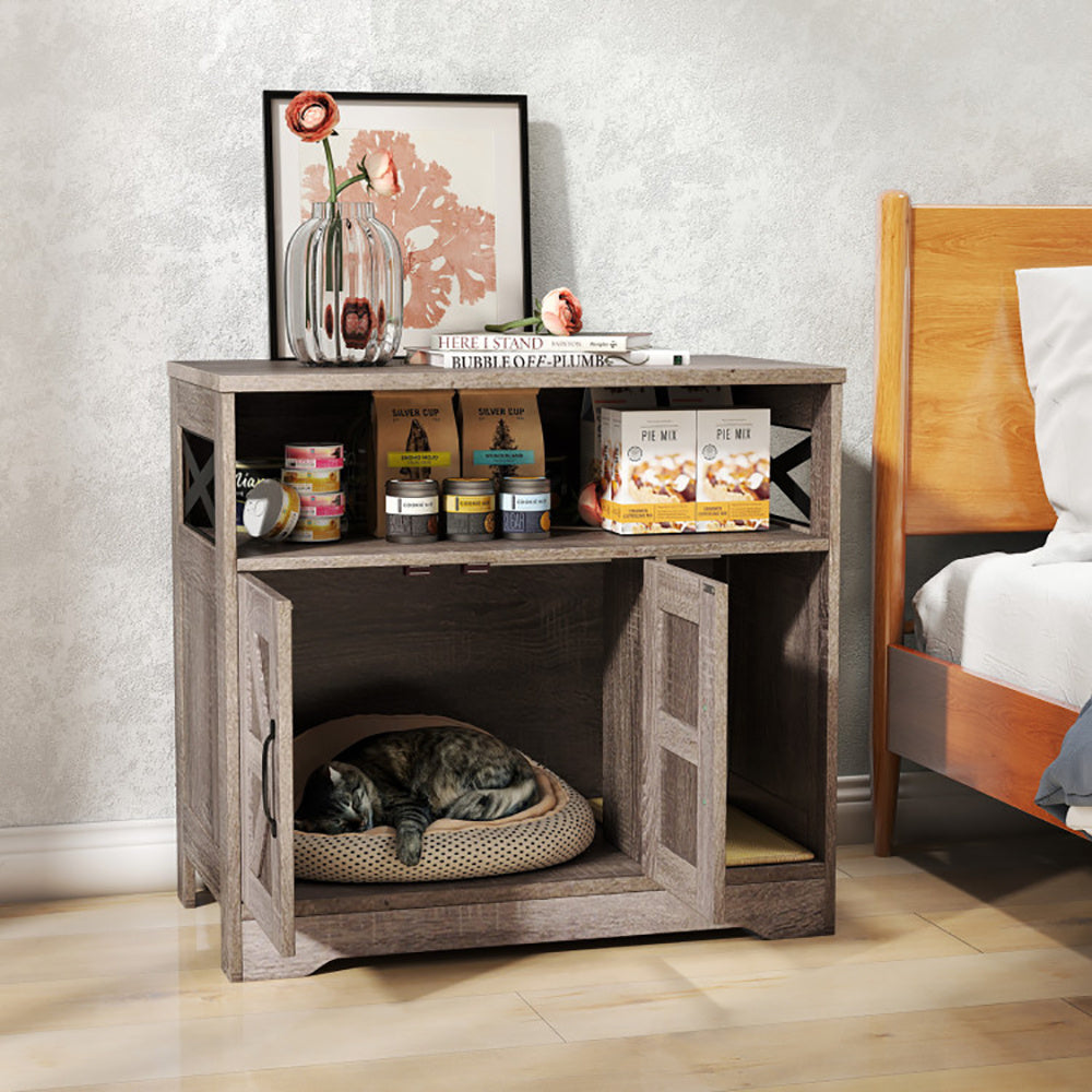 Wefulfil Hidden Cat Litter Box designed as a wooden pet cabinet with open doors and a cat resting inside