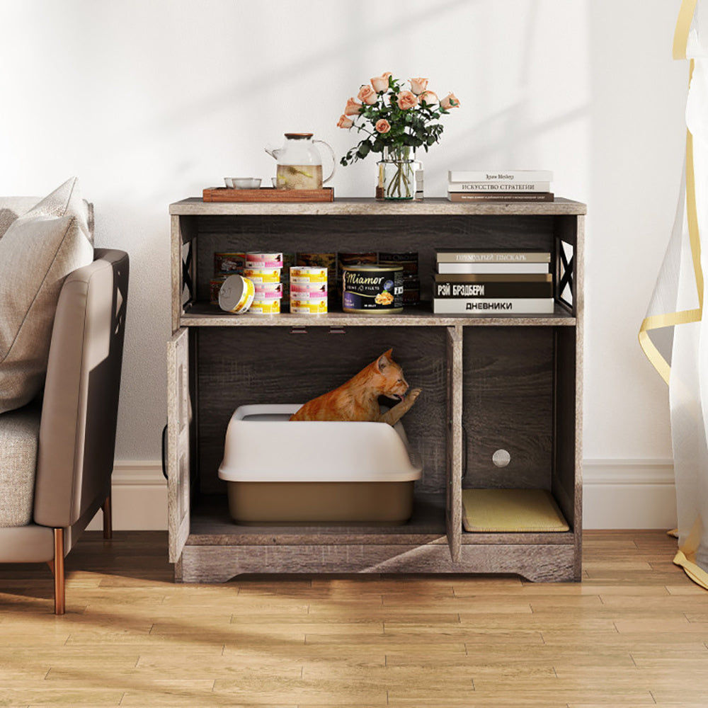Wefulfil Hidden Cat Litter Box integrated into wooden storage cabinet with cat inside in cozy living room