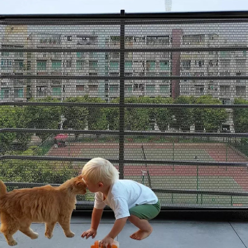 Purrfect Pet Haven pet safety stair gate mesh balcony barrier protecting toddler and ginger cat