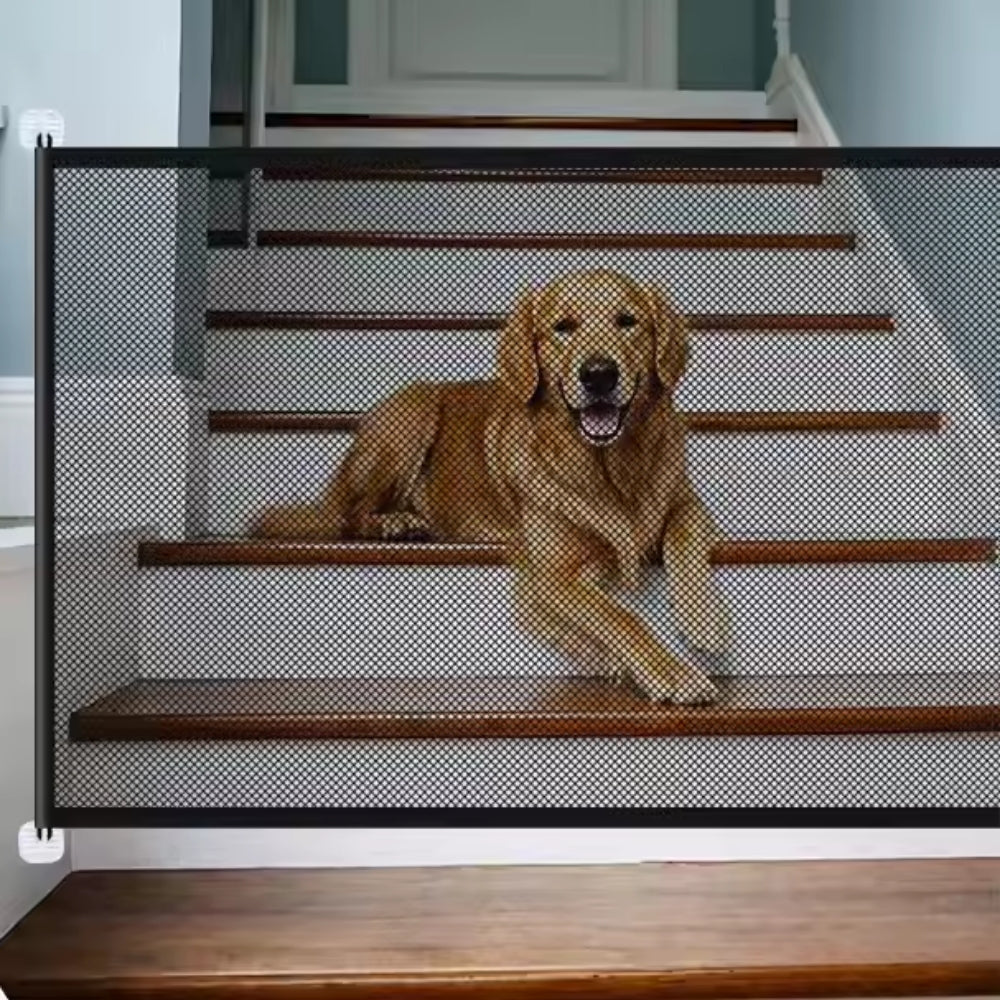 Purrfect Pet Haven pet safety stair gate mesh barrier installed on home stairs with golden retriever behind