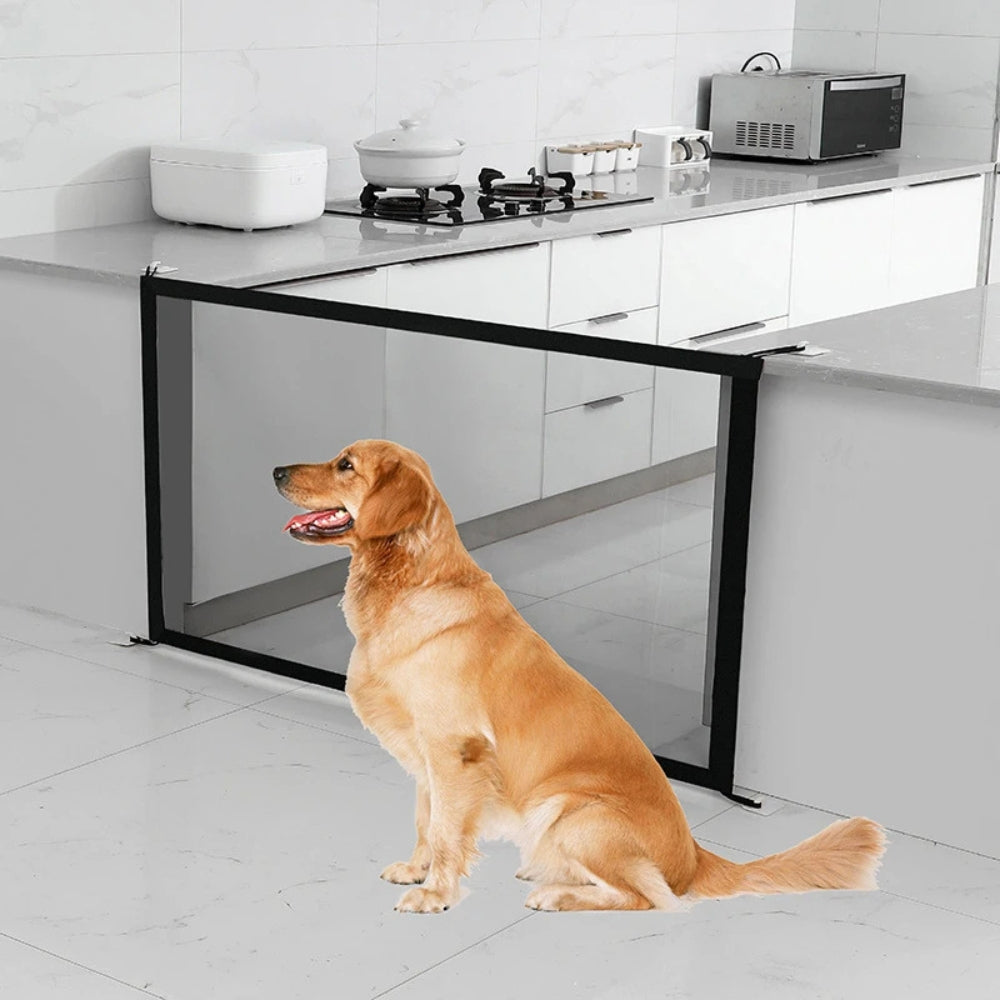 Purrfect Pet Haven pet safety stair gate mesh barrier installed across kitchen opening keeping golden retriever out