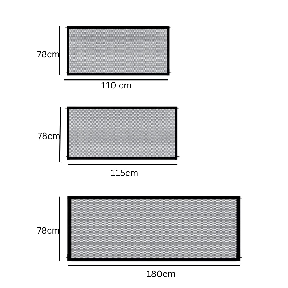 Purrfect Pet Haven pet safety stair gate mesh panels shown in three widths 110 cm 115 cm 180 cm