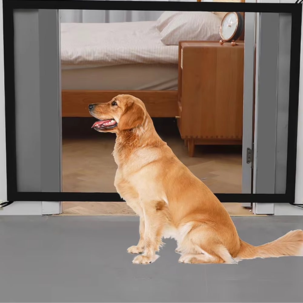 Purrfect Pet Haven pet safety stair gate black mesh doorway barrier with golden retriever sitting