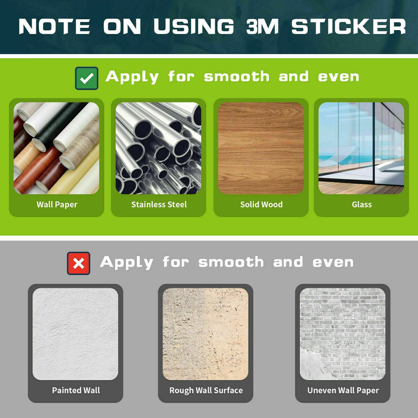 Wefulfil magic pet safety gate 3M sticker surface guide showing suitable smooth surfaces and unsuitable rough walls