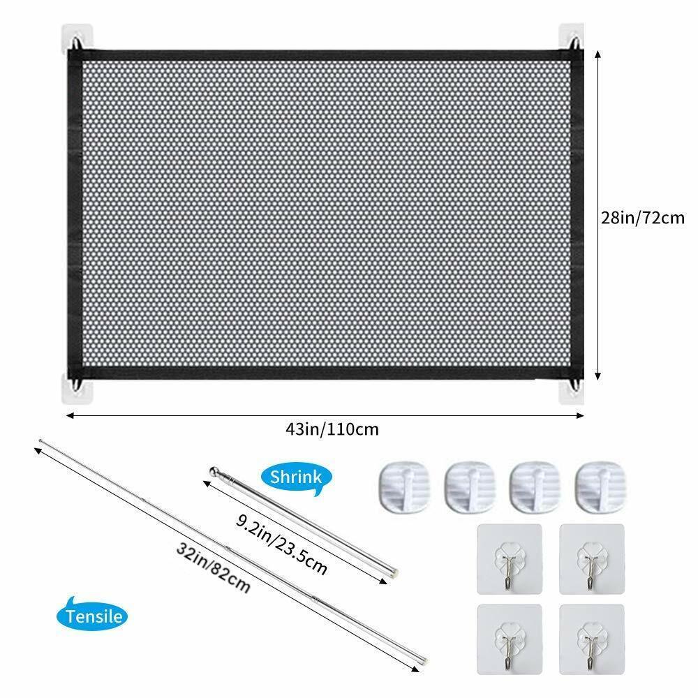 Wefulfil magic pet safety gate black mesh 43 by 28 inches with tension rods adhesive wall hooks retractable design
