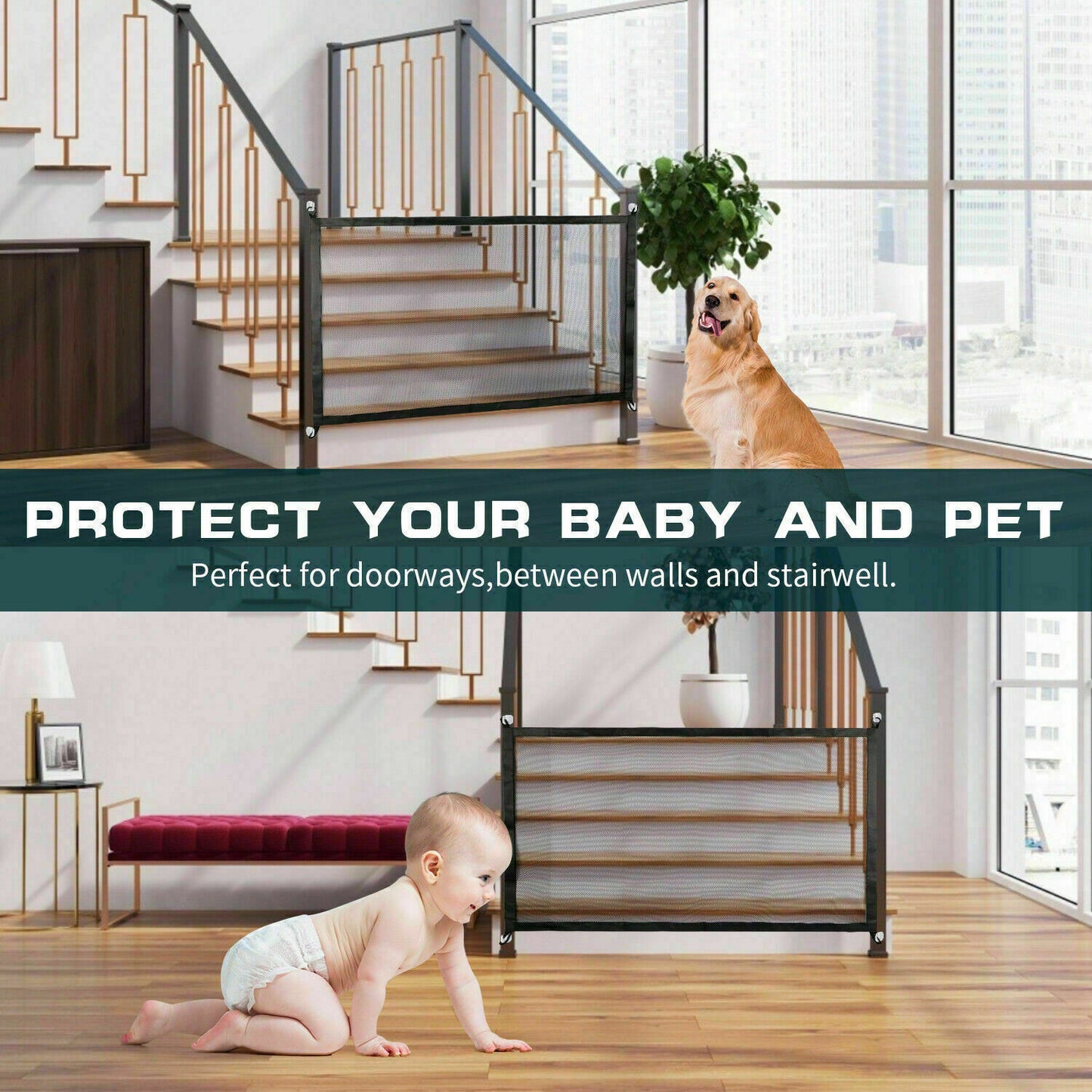 Wefulfil magic pet safety gate installed at stair protecting crawling baby and seated dog by window