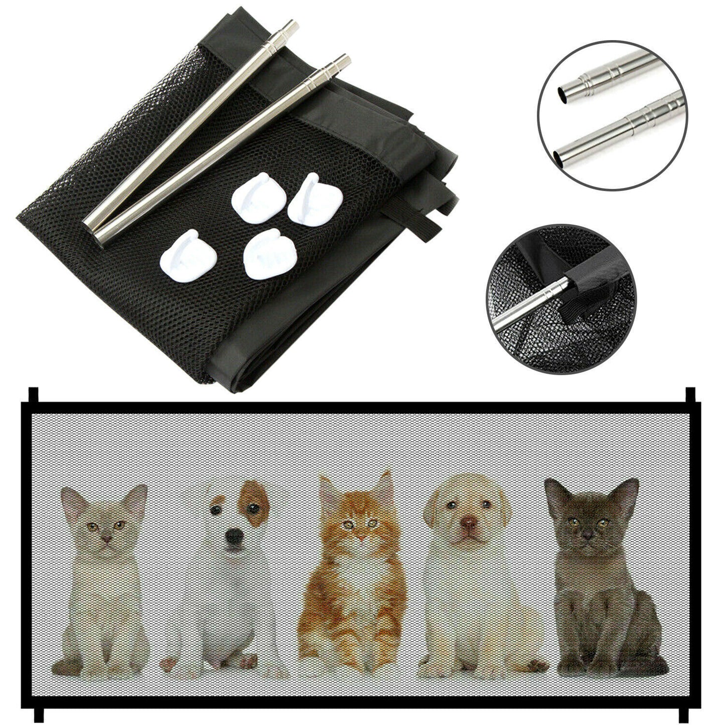 Wefulfil magic pet safety gate mesh panel with metal poles and adhesive hooks shown with kittens and puppies