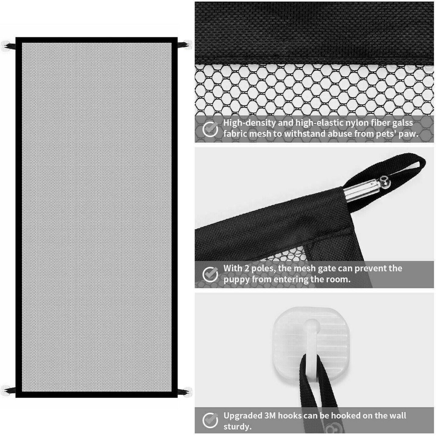 Wefulfil magic pet safety gate retractable black nylon mesh with poles and 3M wall hooks for doors