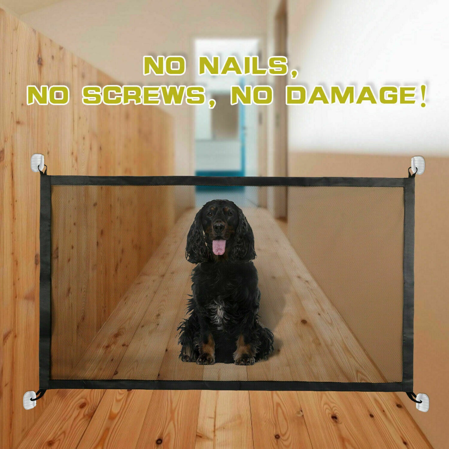Wefulfil magic pet safety gate mesh barrier across hallway with black spaniel seated behind showing no nails no screws