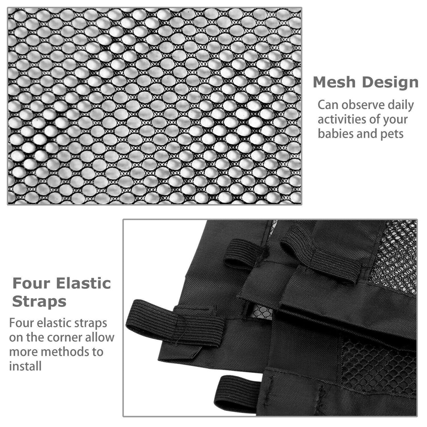 Wefulfil magic pet safety gate black mesh close up showing breathable mesh design and four elastic straps for installation