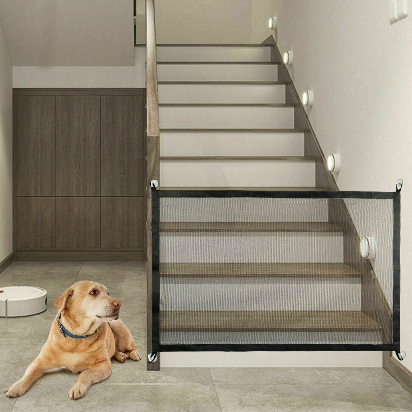 Wefulfil magic pet safety gate mesh barrier across stairs with suction mounts and dog resting nearby