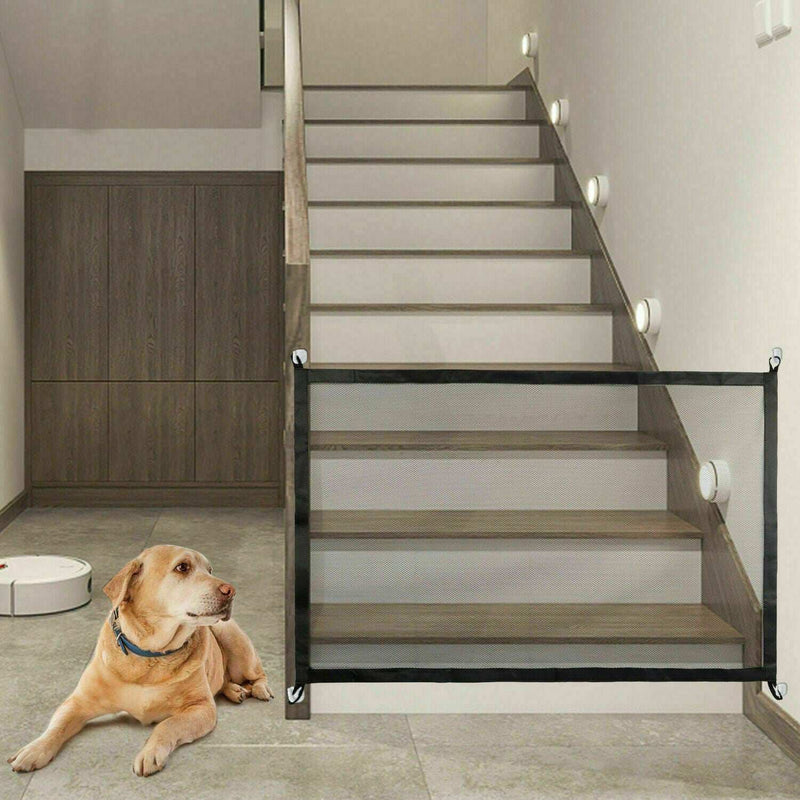 Wefulfil magic pet safety gate mesh stair barrier with black trim installed at staircase to keep dog safe