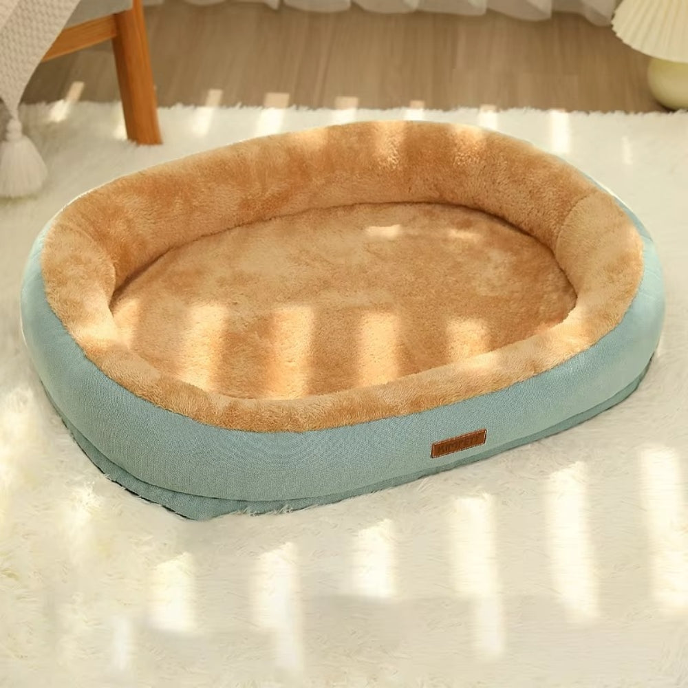 Purrfect Pet Haven Plush Oval Pet Bed in teal and tan with raised bolsters and soft faux fur for cats and small dogs