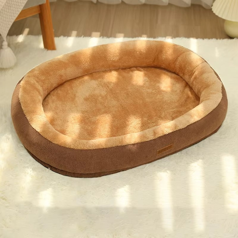 Purrfect Pet Haven Plush Oval Pet Bed in brown tan with raised bolsters and soft faux fur for cats and dogs