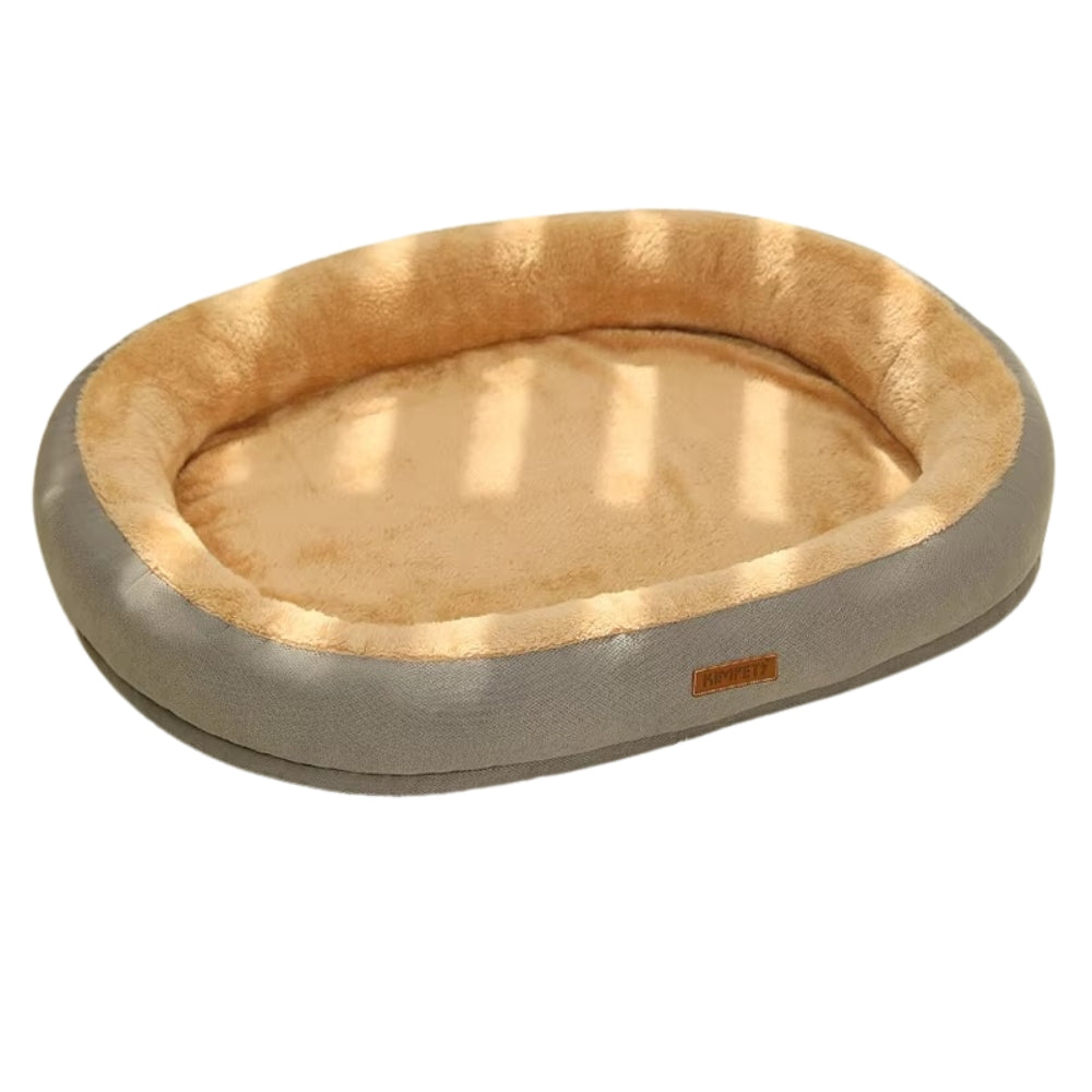 Purrfect Pet Haven Plush Oval Pet Bed in tan and gray with raised bolster and soft plush interior for cats and small dogs