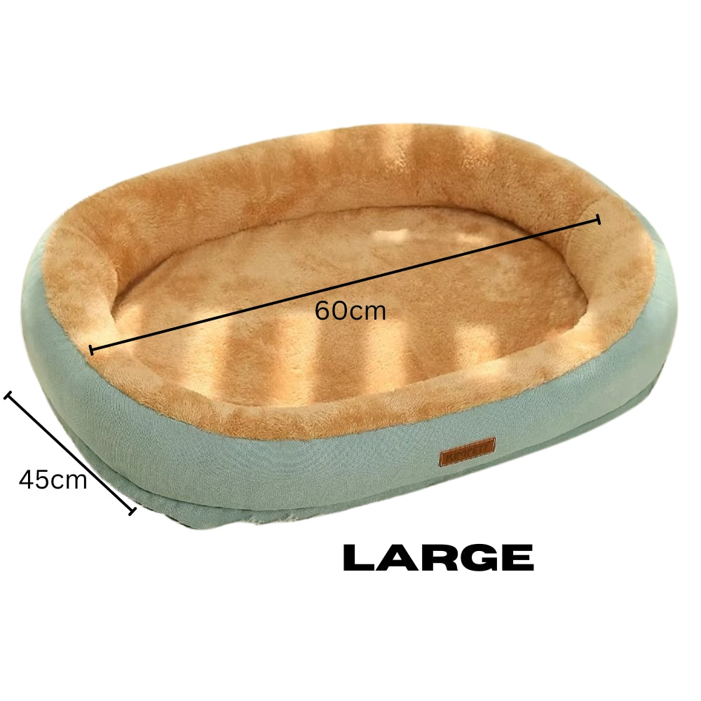Purrfect Pet Haven Plush Oval Pet Bed large beige faux fur interior light green exterior 60cm