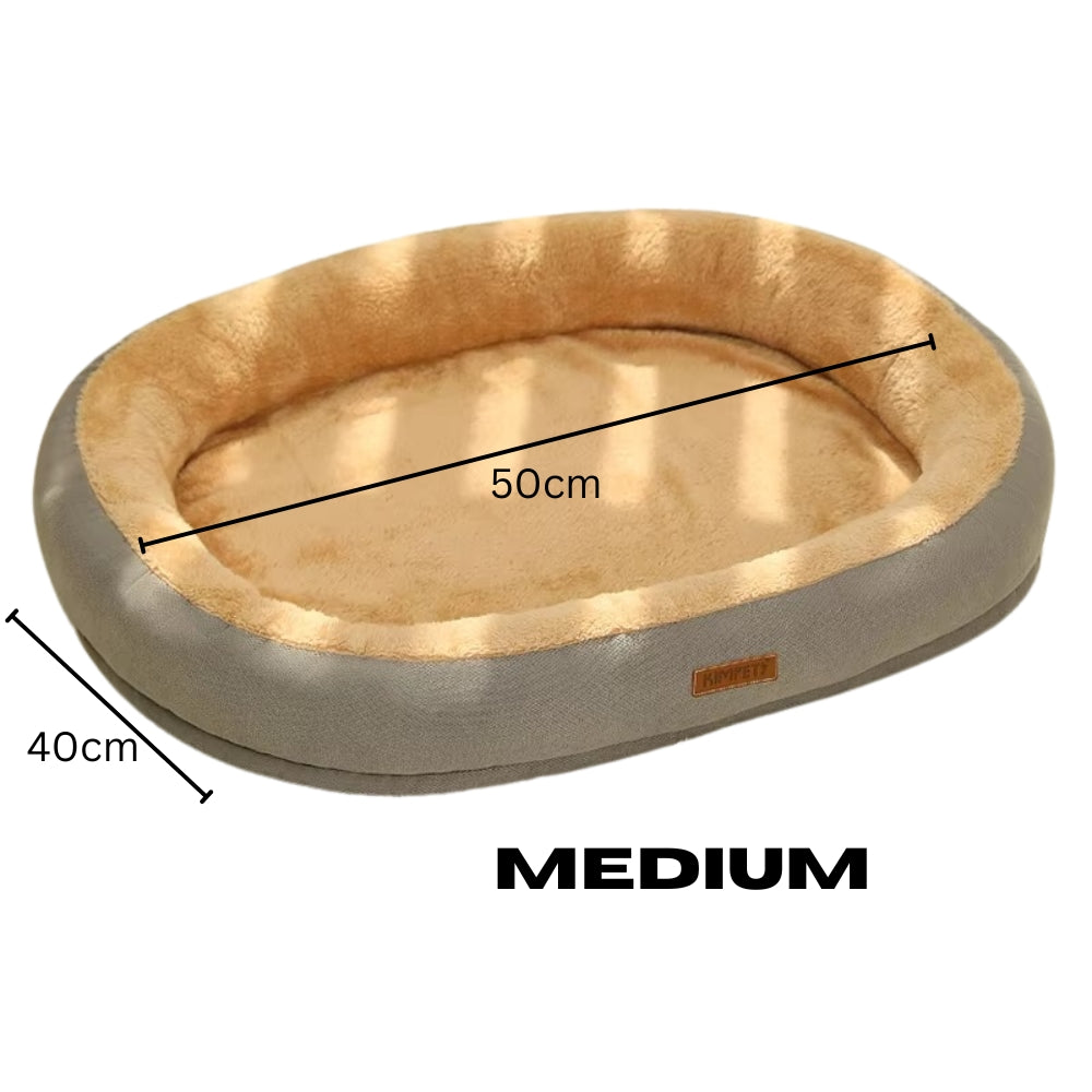 Purrfect Pet Haven Plush Oval Pet Bed medium tan and gray with soft raised bolsters 50 cm by 40 cm