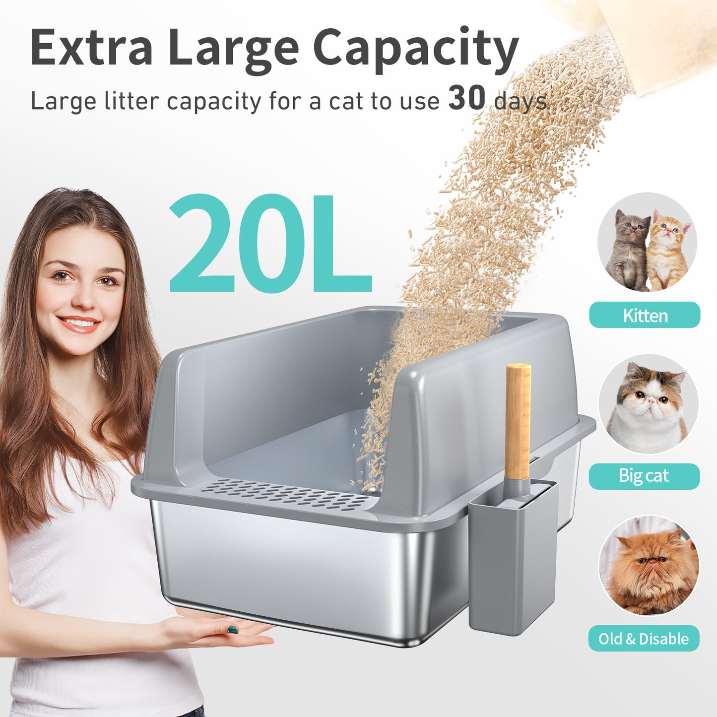 Wefulfil Large 6 Inch Bottom Basin cat litter box with extra large 20L capacity and scoop