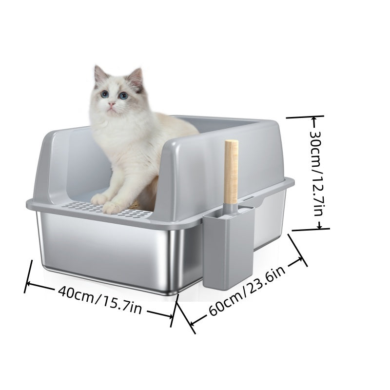 Wefulfil pet litter box with large 6 inch bottom basin and scoop with wooden handle featuring a white cat inside