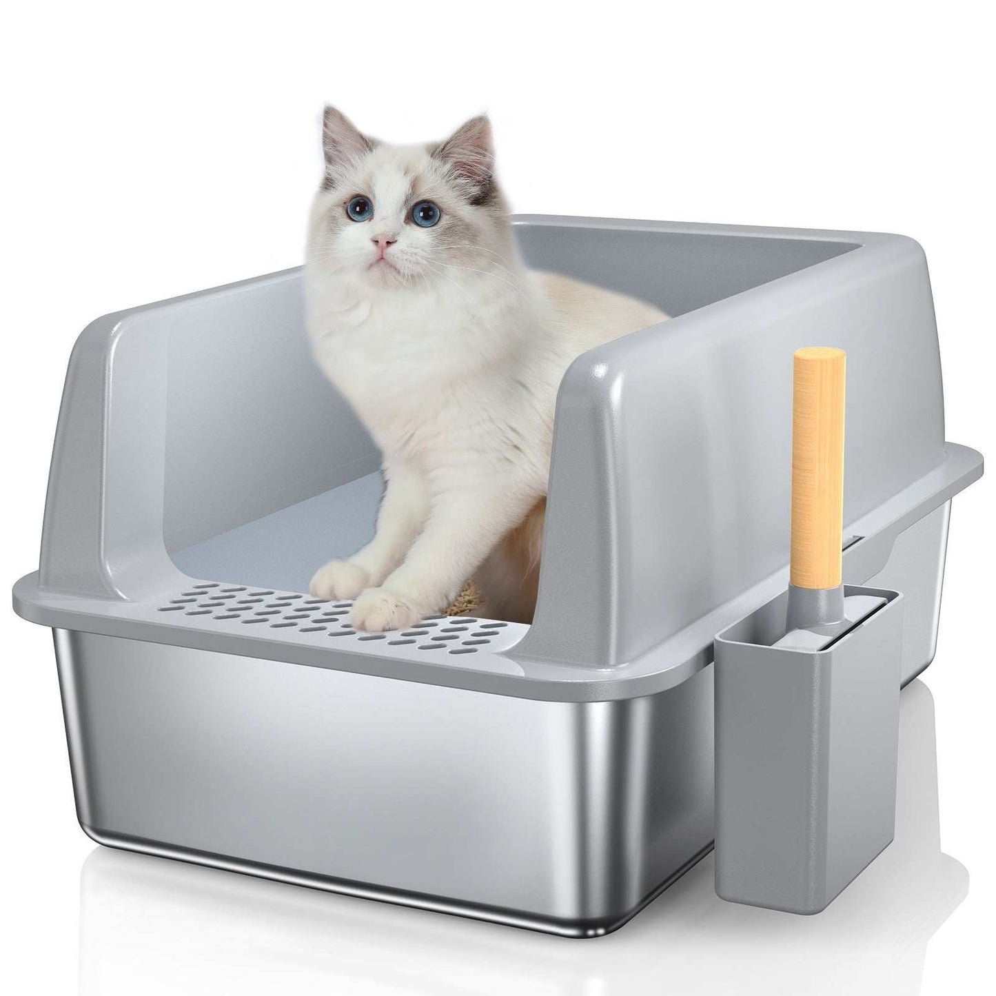 Wefulfil pet litter box with cat inside featuring Large 6 Inch Bottom Basin and attached scoop