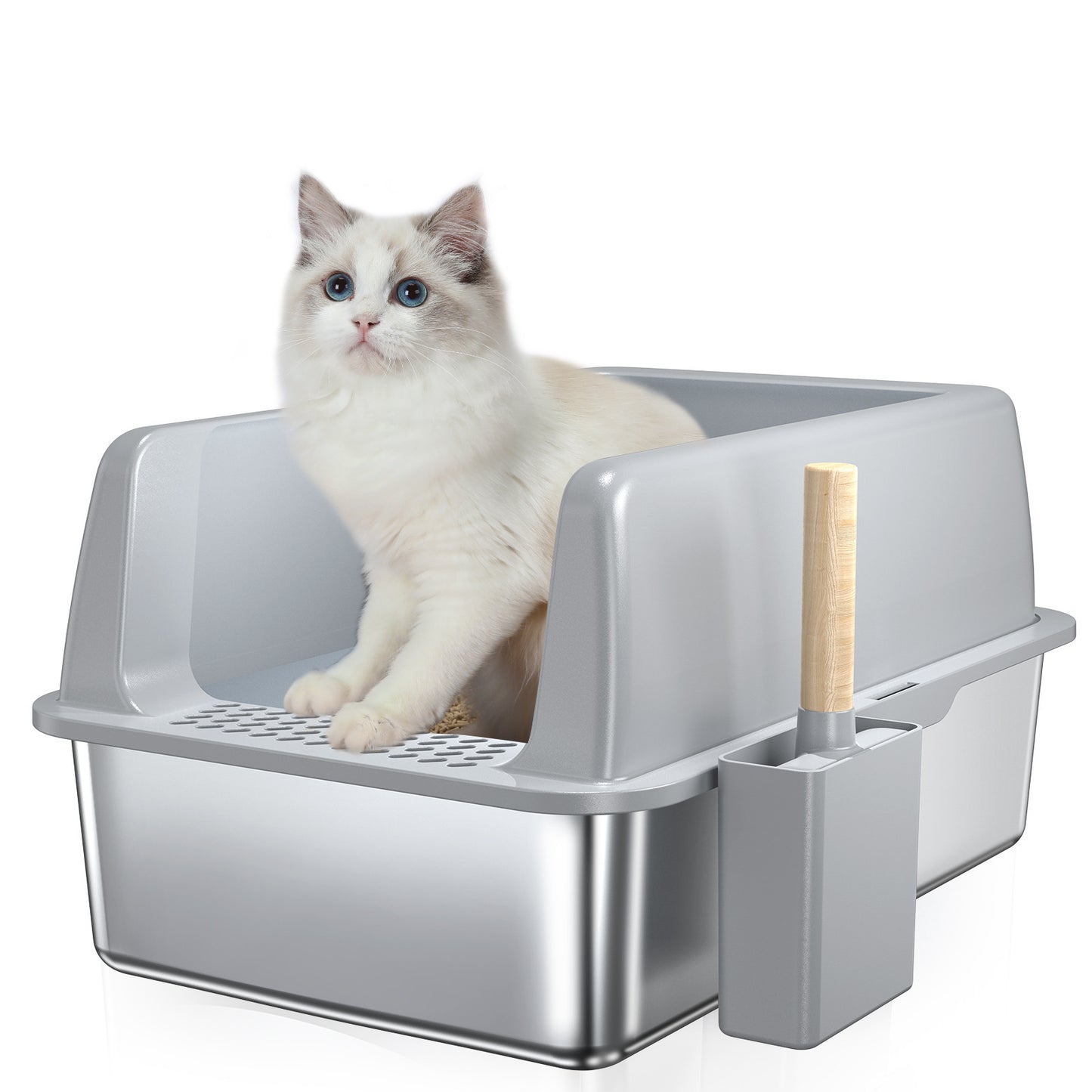 Wefulfil pet litter box with a Large 6 Inch Bottom Basin featuring a white cat inside and cleaning scoop attached
