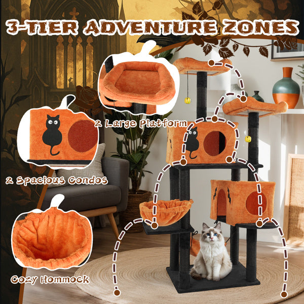 Wefulfil Large Halloween Cat Tree with 3-tier adventure zones including platforms, condos, and a cozy hammock