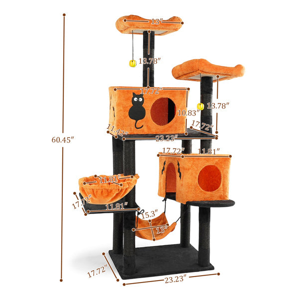 Wefulfil Large Halloween Cat Tree in orange with multiple platforms, cozy hideouts, and hanging toys