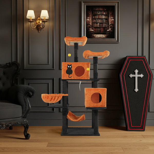 Wefulfil Large Halloween Cat Tree with orange plush platforms and black cat design for pet play and rest