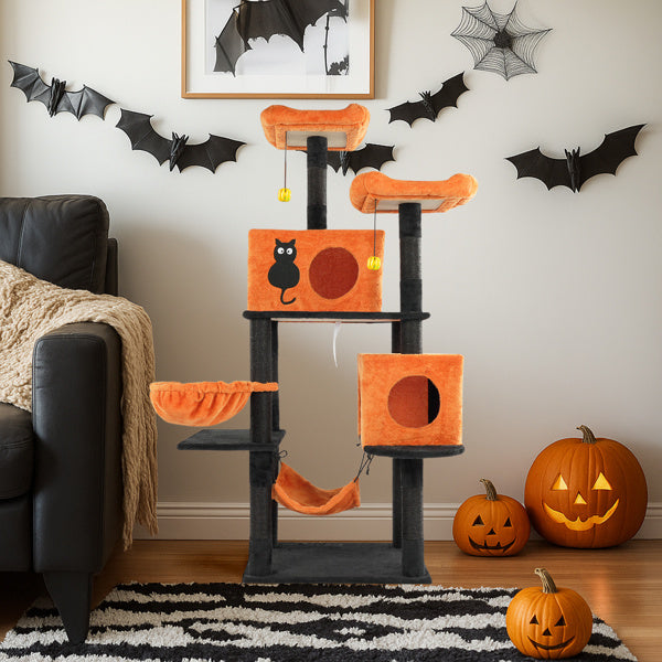 Wefulfil Large Halloween Cat Tree in orange and black with multiple platforms and cozy hideouts for cats