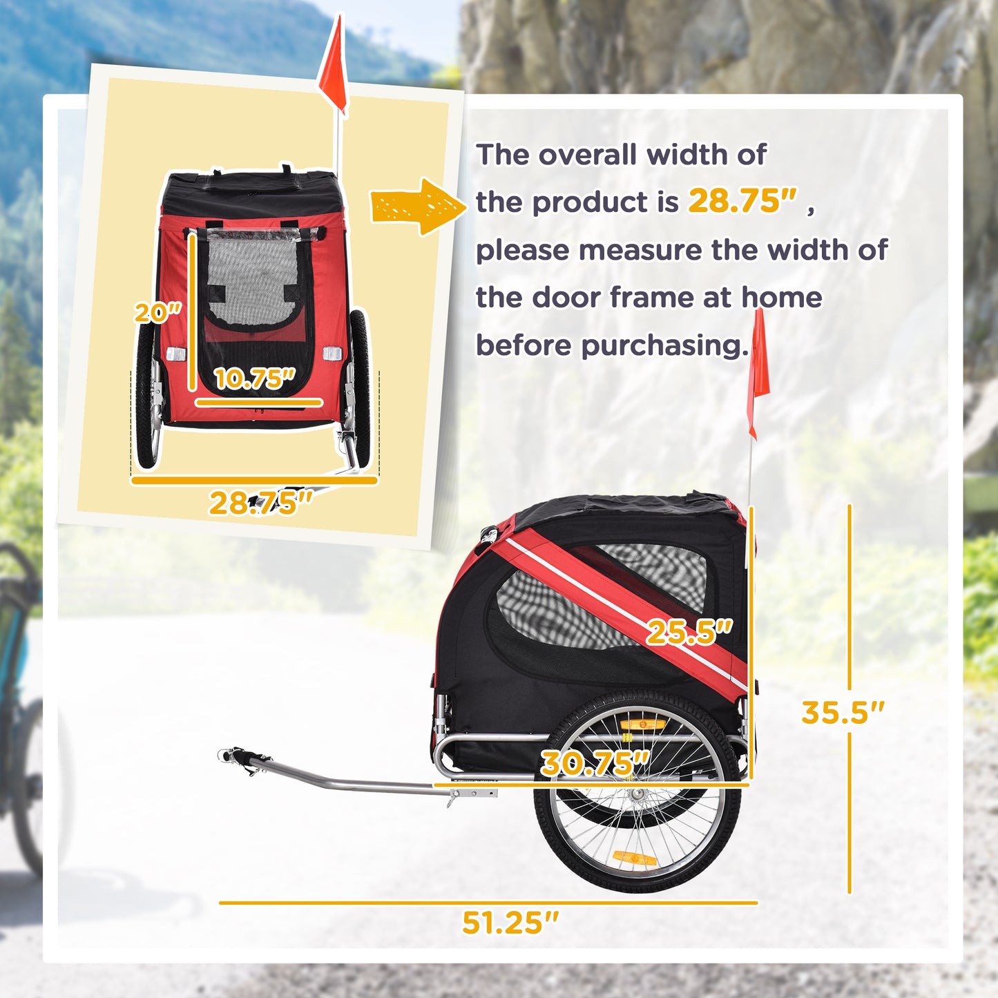 Wefulfil large wheel dog bike trailer with detailed dimensions for safe pet transport