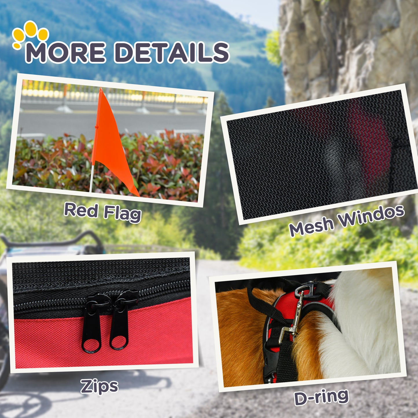 Wefulfil Large Wheel Dog Bike Trailer features red flag, mesh windows, zips, and D-ring for pet safety
