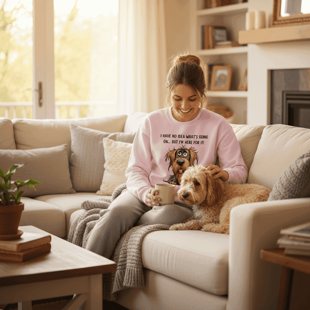 Funny Dog Sweatshirt - No Idea But I'm Here For It - Purrfect Pet Haven