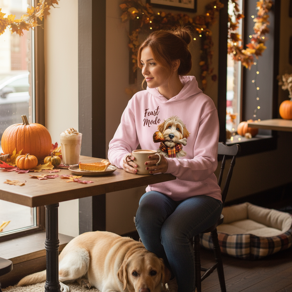 Light Pink Feast Doodle Hoodie Thanksgiving Lifestyle