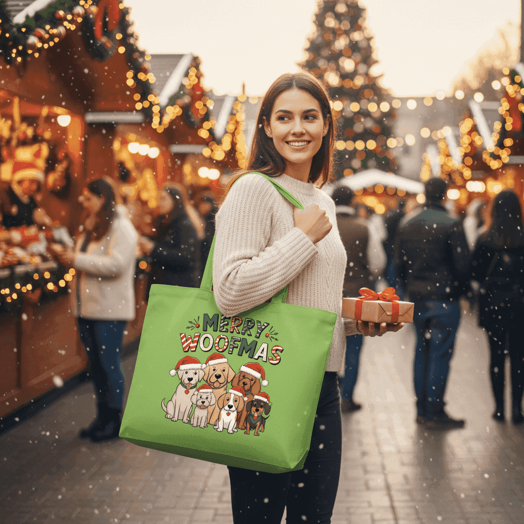 Merry Woofmas Holiday Tote with Festive Dogs - Canvas Gift Bag - Purrfect Pet Haven
