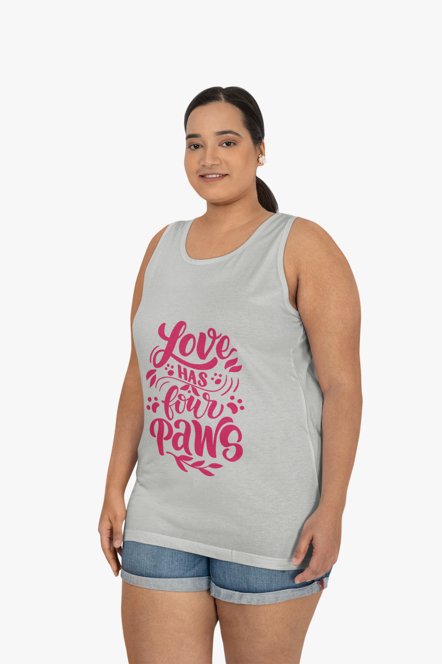 Printify gray tank top with pink Love Has Four Paws graphic worn with denim shorts