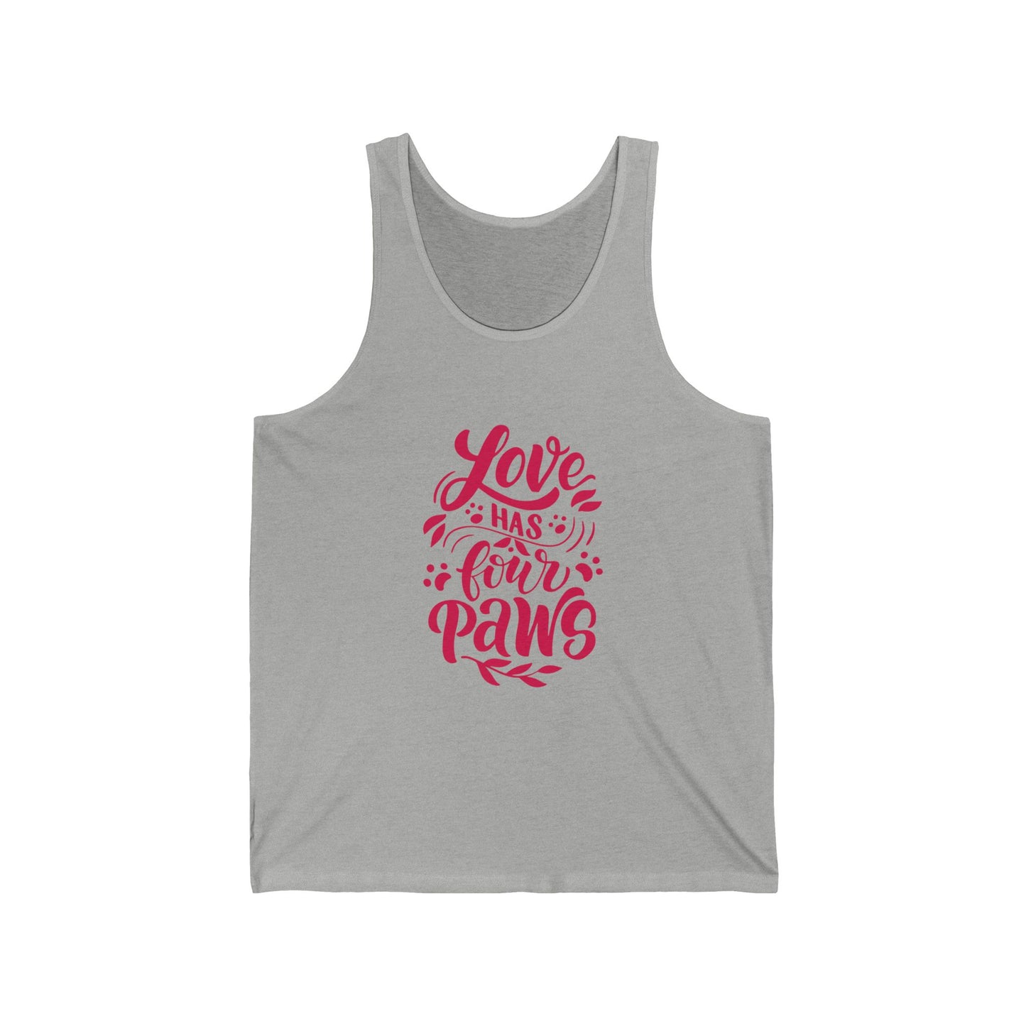 Gray Printify tank top with red Love Has Four Paws text and paw print design