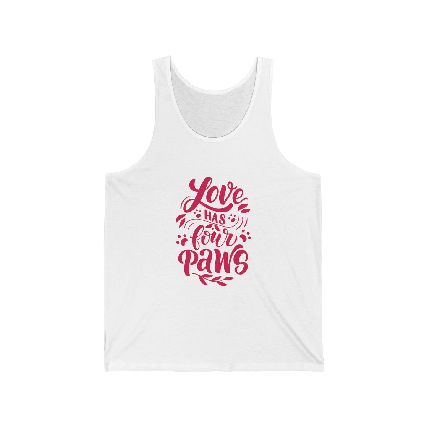 White Printify tank top with red Love Has Four Paws text and paw print design