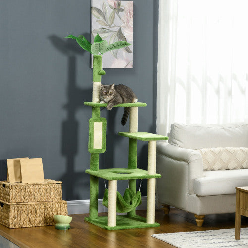 Wefulfil green multi level Cat Tree with Hammock featuring sisal scratching posts palm leaf top and lounging cat