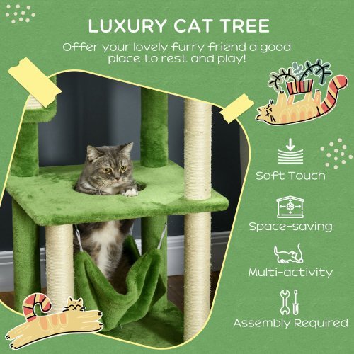 Wefulfil Cat Tree with Hammock in green plush with sisal scratching posts and lounging platform
