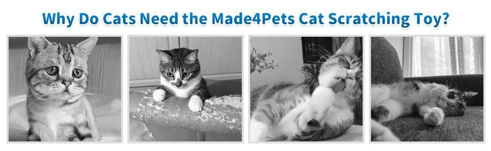Wefulfil indoor cat scratching board collage showing four cats using and enjoying the Made4Pets scratching toy