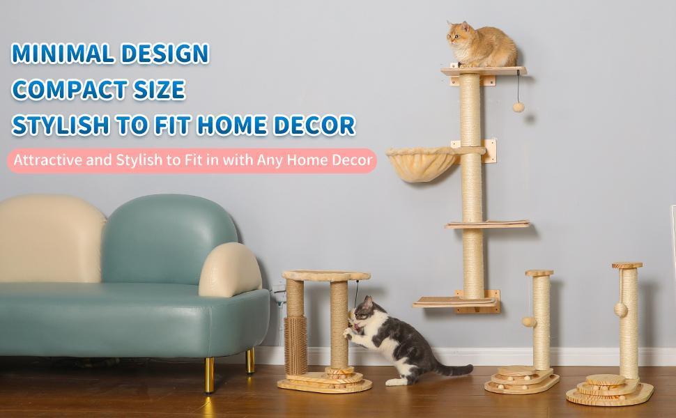 Wefulfil indoor cat scratching board wall mounted beige sisal cat tree with platforms and two cats in living room