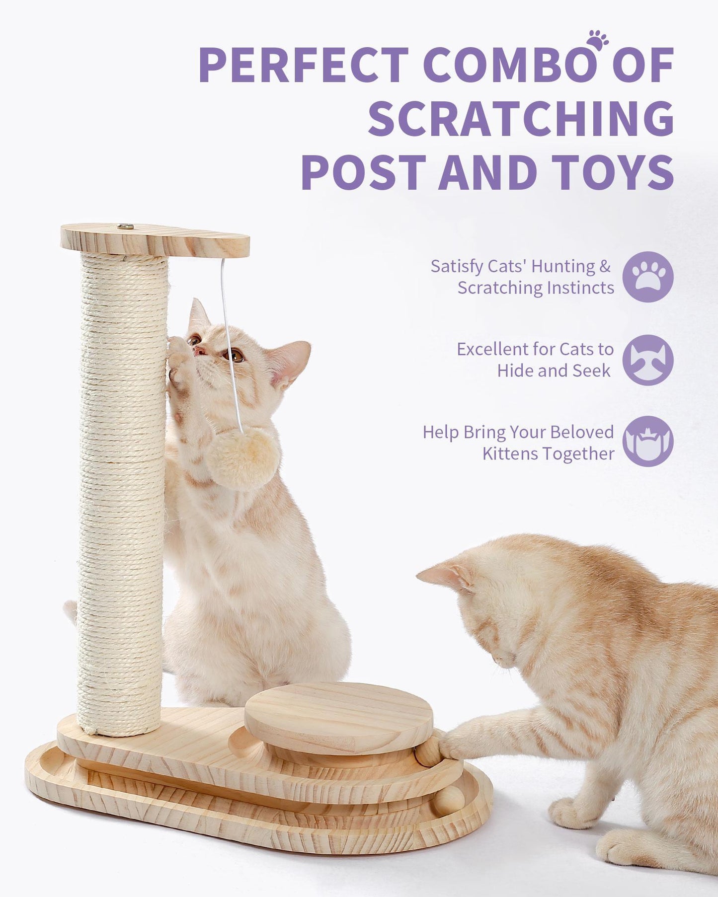 Wefulfil indoor cat scratching board wooden combo with sisal rope post dangling pom pom toy and platforms